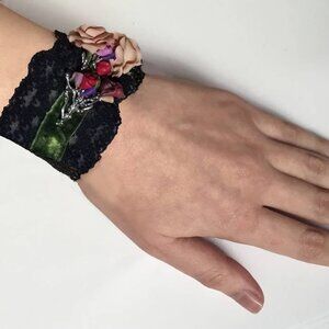 Unique Black Lace Corsage Bracelet with Silver and Floral Embellishment Handmade